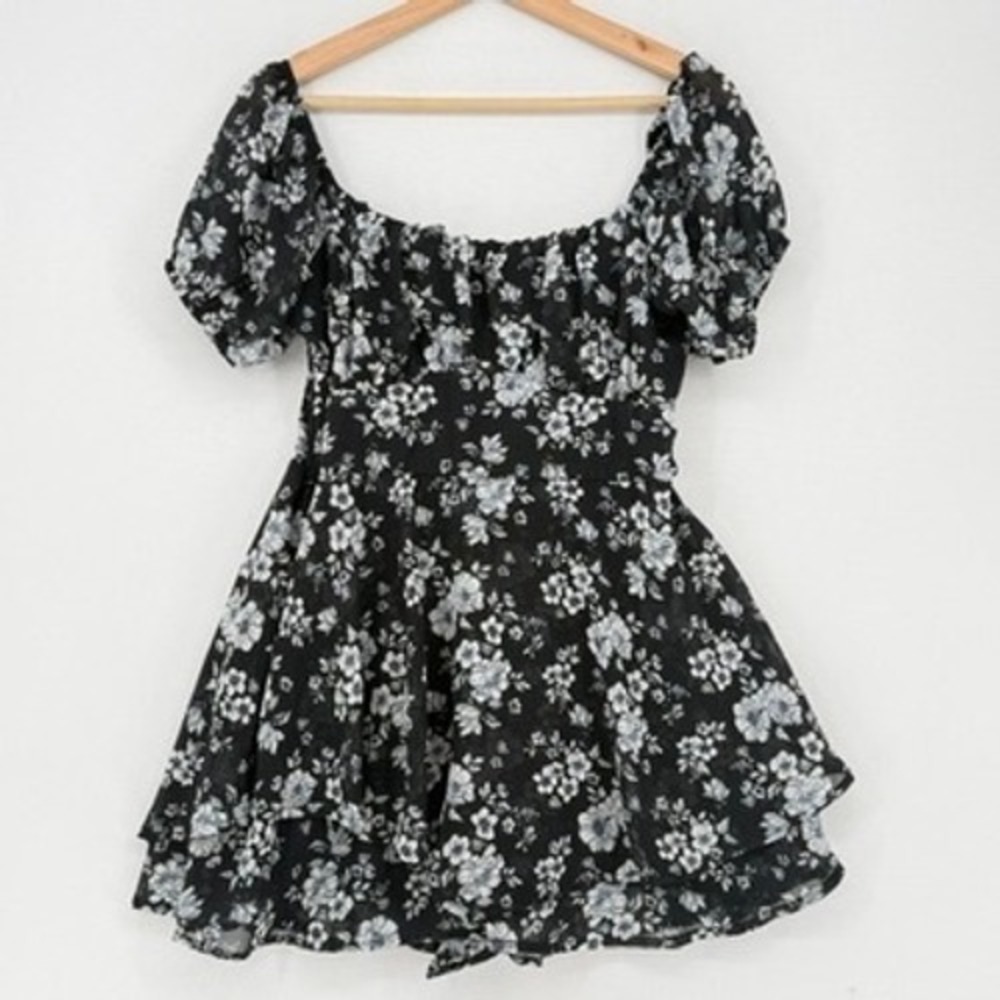Justify Floral Top Women Large Black White Puff Sleeve Fairycore Coquette Smock
